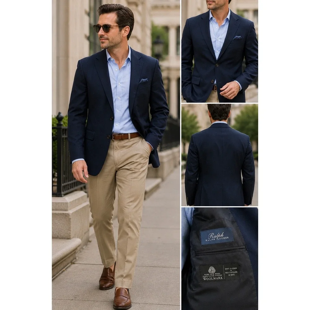 Ralph Lauren Mens Navy Blue 100% Wool Blazer Sport Coat 44R Woolmark 2-Button